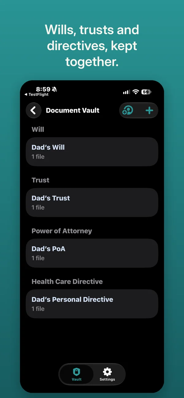 Document Vault: a will, a trust, a power of attorney and a health care directive, each with its file.