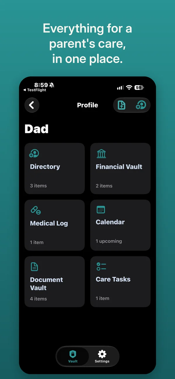 ElderVault on iPhone: a profile for Dad with six sections, Directory, Financial Vault, Medical Log, Calendar, Document Vault and Care Tasks.